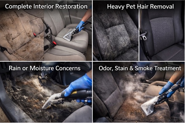 Close-up of moisture stain and steaming treatment inside vehicle