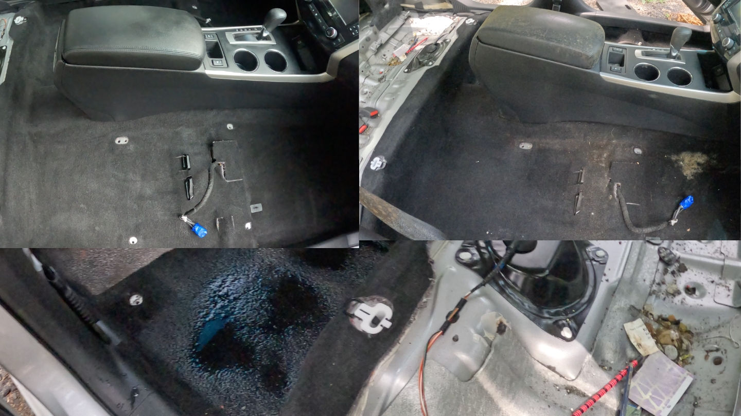 Vehicle interior with heavy mold and moisture damage before restoration