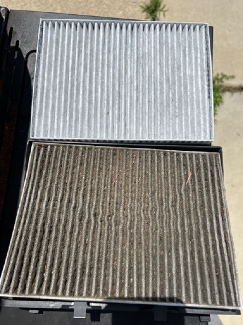 Dirty and clean cabin air filter comparison for Moorestown vehicle