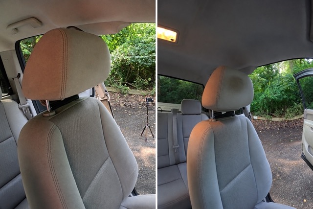 Vehicle headrest stain removal before and after interior detailing in Medford NJ