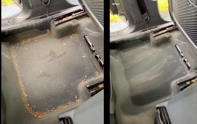 Before and after professional vehicle carpet shampooing