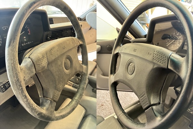 BMW steering wheel mold removal before and after professional interior cleaning by Sporties Mobile Detailing