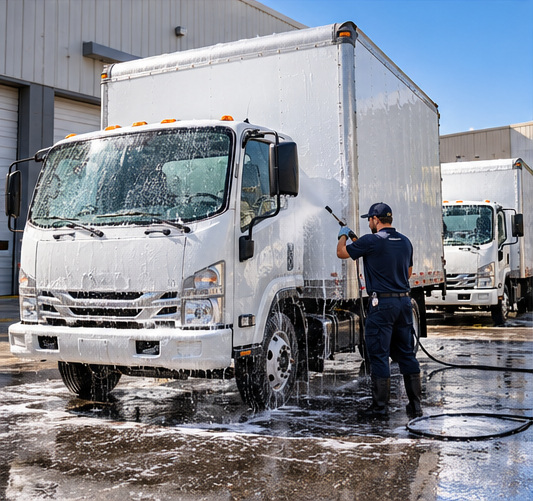 Illustration of mobile box truck washing at a commercial facility