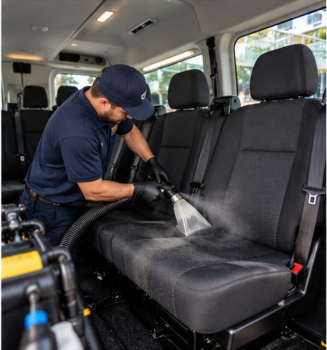 Illustration of interior steam cleaning inside a commercial passenger van