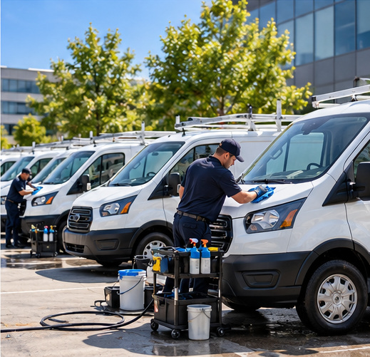 Illustration of on-site cleaning for a row of company service vans