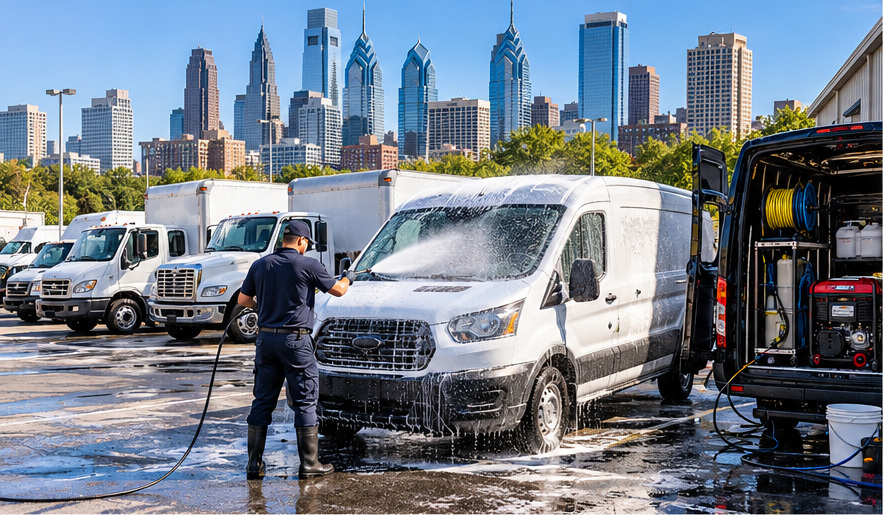 Illustration of a mobile fleet wash with commercial vans and trucks